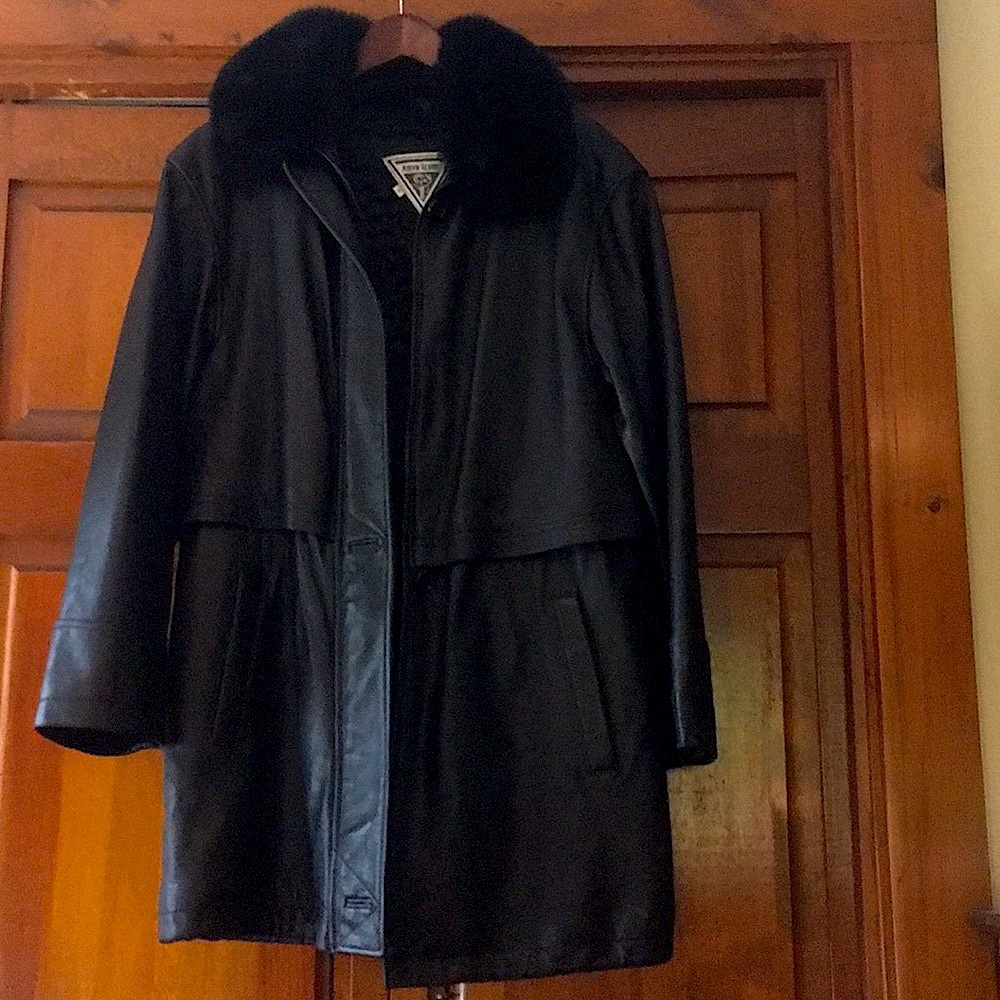 Marvin Richards Black Leather Coat with Fur Collar